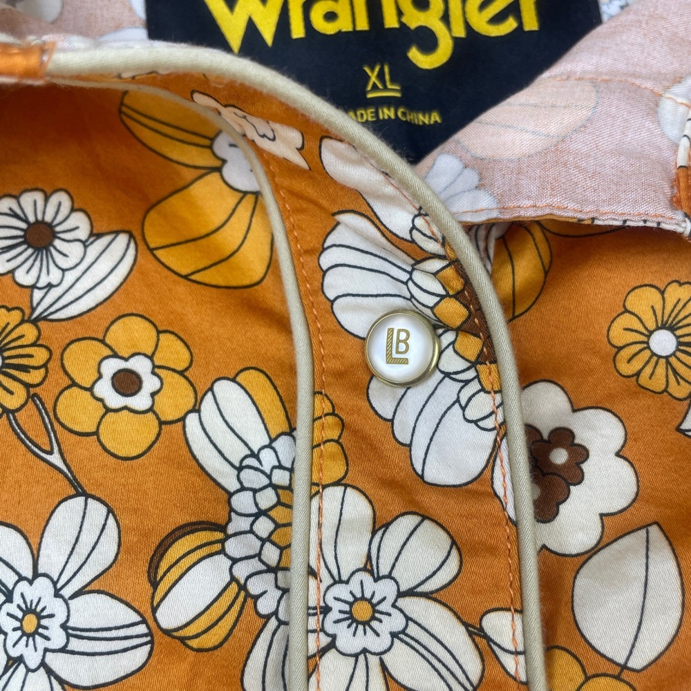 Wrangler x Leon Bridges Western Snap Shirt Women XL Orange Floral Retro 70s - Picture 9 of 10